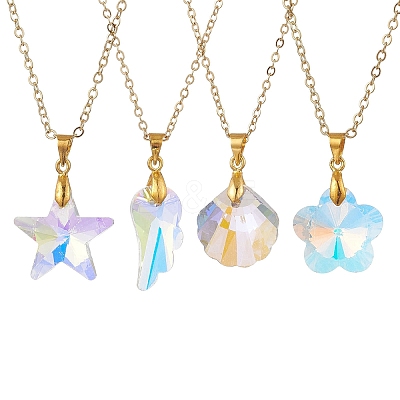 4Pcs 4 Styles Clear AB Glass Wing Flower Star Shell Shape Pendant Brass Cable Chain Necklaces for Women NJEW-JN05745-1