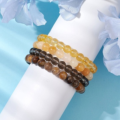 4Pcs Constellation 8mm Round Natural Yellow Tiger Eye & Jade & Synthetic Citrine & Smoky Quartz Beaded Stretch Bracelets for Women BJEW-JB10635-1