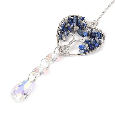 Wire Wrapped Natural Lapis Lazuli Heart with Tree of Life Pendant Decorations HJEW-K046-02P-08-1