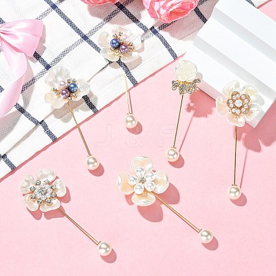 6Pcs 6 Styles Flower Plastic & Resin Rhinestone Brooches JEWB-CJ0003-39-1
