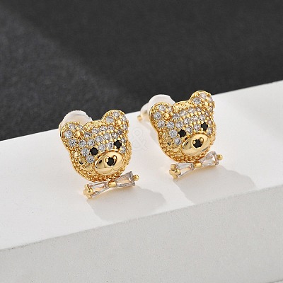 Bear Brass Micro Pave Clear Cubic Zirconia Stud Earrings EJEW-B131-05G-1
