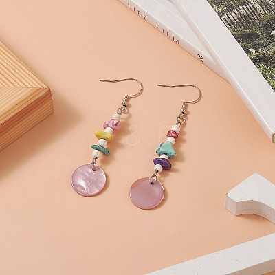 Natural Shell Flat Round & Dyed Synthetic Turquoise Chips Beaded Dangle Earrings EJEW-JE05222-1