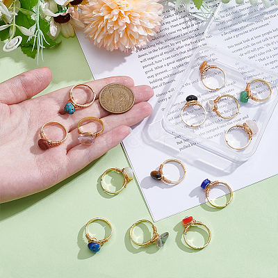 14Pcs 14 Styles 304 Stainless Steel & Gemstone Chip & Evil Eye Resin Finger Rings NJEW-WR00011-1