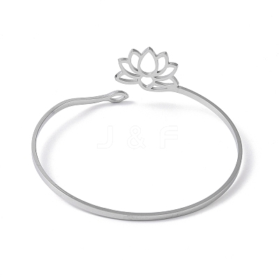 Non-Tarnish Hollow Out Lotus 304 Stainless Steel Open Cuff Bangles for Women BJEW-G701-01P-1