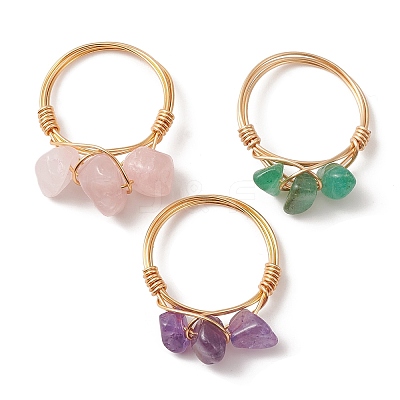 Natural Mixed Gemstone Chips Beaded Finger Rings RJEW-JR00582-1
