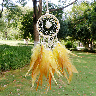 Natural Citrine Woven Web/Net with Feather Pendant Decorations PW-WG69741-02-1