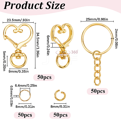 150Pcs 3 Styles Heart Shape Zinc Alloy Swivel Lobster Clasp with Iron Split Key Rings with 304 Stainless Steel Jump Rings FIND-SP0002-59G-1