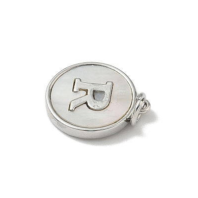Brass Pave Natural Shell Flat Round with Letter Charms KK-Z115-13P-R-1