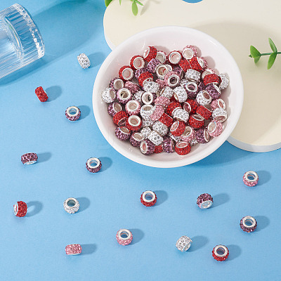 100Pcs 4 Colors Polymer Clay Rhinestone European Large Hole Beads with Silver Color Plated Brass Cores FPDL-TA0001-02-1