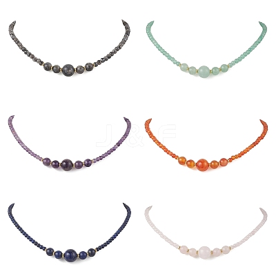 Natural Green Aventurine & Rose Quartz & Larvikite & Lapis Lazuli & Amethyst & Carnelian Round Graduated Beaded Necklaces NJEW-JN05654-1