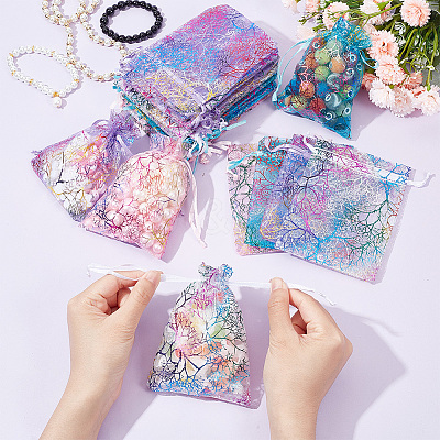 100Pcs 4 Colors Rectangle Lace Organza Drawstring Gift Bags OP-NB0001-15-1