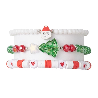 3Pcs 3 Styles Polymer Clay & Glass Beaded Stretch Bracelet Sets BJEW-JB10676-1