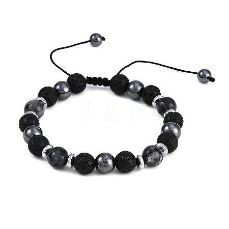 Non-Magnetic Synthetic Hematite & Natural Larvikite & Natural Lava Rock Round Beaded Braided Bracelets for Men Women BJEW-JB11185-02-1