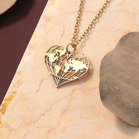201 Stainless Steel Heart with Map Pendant Necklaces for Women FS-WGB4230-01-1