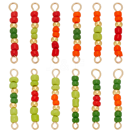 48Pcs 12 Colors Glass Seed Beads & Brass Rondelle Beaded Connector Charms PALLOY-WR00011-1