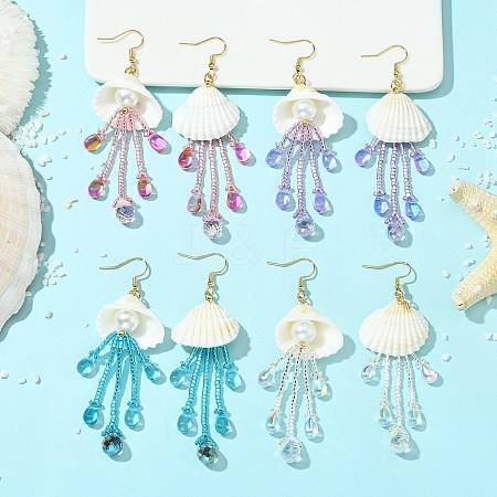 Shell & Glass Seed Bead Dangle Earrings EJEW-MZ00740-1
