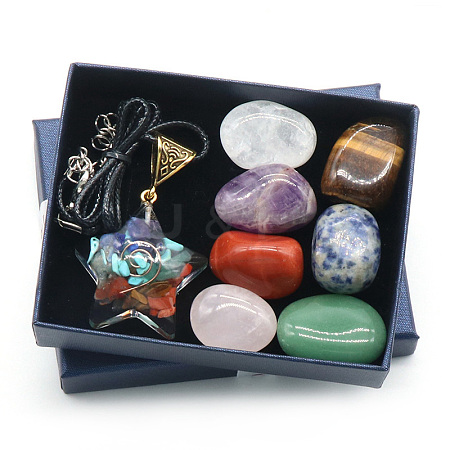 7 Chakra Tumbled Stone & Star Pendant Necklace Mixed Natural Gemstone Healing Stones Set PW-WG21137-01-1