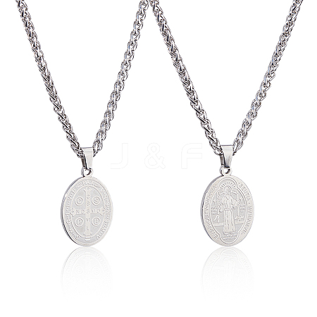 2Pcs Stainless Steel Saint Benedict Oval Medal Pendant Wheat Chain Necklaces NJEW-DC0001-20P-1
