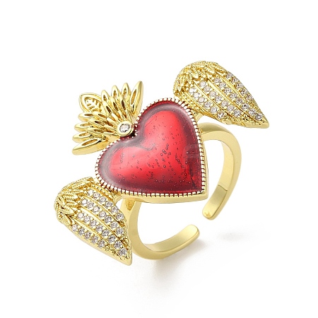 Sacred Heart with Wing Brass Micro Pave Cubic Zirconia Cuff Rings RJEW-H236-01G-03-1