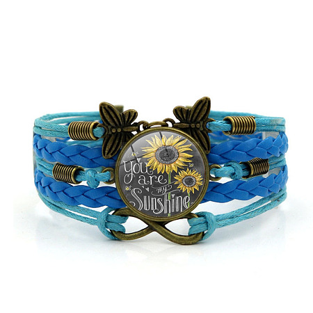 You Are My Sunshine Theme Flat Round with Sunflower Leather Cord Multi Strand Bracelets WGB8E71-01-1