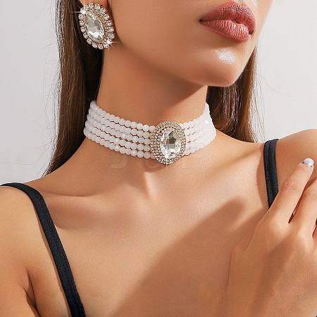 Oval Brass & Glass & Plastic Pearl Beaded Chain Collar & Stud Earrings Sets FS-WG5CD09-05-1