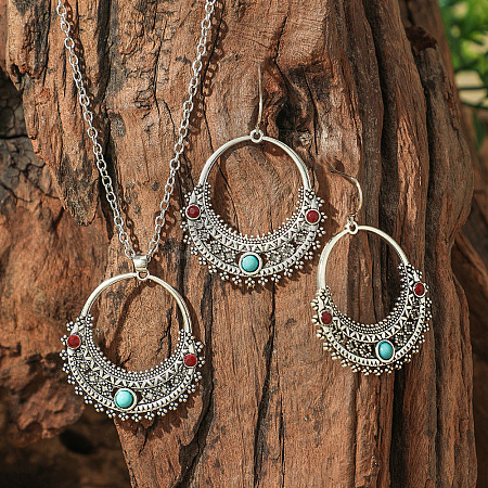 Bohemian Ethnic Style Zinc Alloy & Synthetic Turquoise Pendant Necklaces & Dangle Earrings Sets WG7E01E-07-1