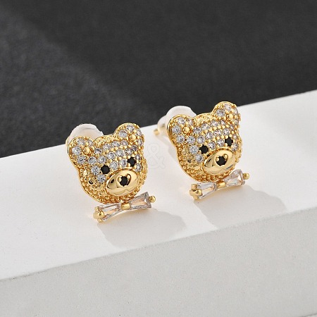 Bear Brass Micro Pave Clear Cubic Zirconia Stud Earrings EJEW-B131-05G-1