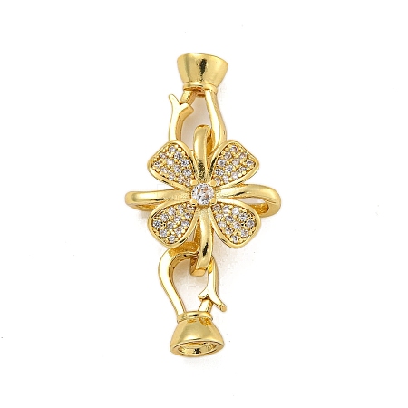 Rack Plating Flower Brass Micro Pave Clear Cubic Zirconia Fold Over Clasps KK-F876-02G-1