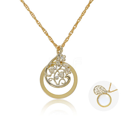 Flat Round with Flower Magnifying Glass Pendant Alloy Rope Chain Necklaces for Women NJEW-WH0013-74G-1