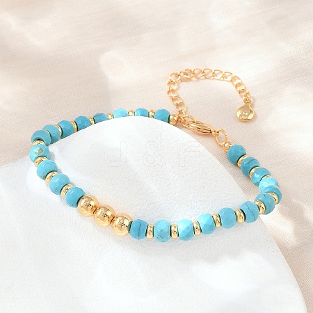Faceted Round Synthetic Turquoise & Brass Beaded Bracelets KK-H299-02G-1