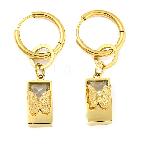 Ion Plating(IP) 304 Stainless Steel Rectangle with Butterfly Dangle Hoop Earrings EJEW-P233-04G-1