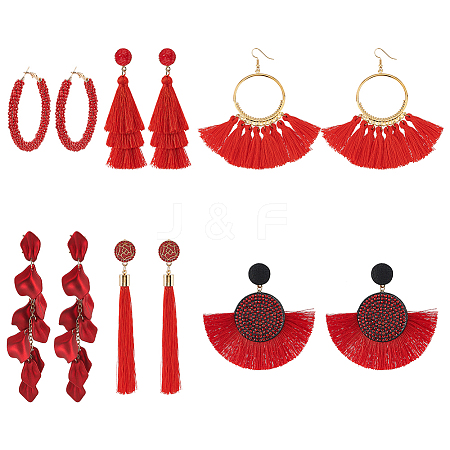 ANATTASOUL 6Pairs 6 Styles Acrylic Petal & Cotton Tassel & Resin Dangle Boho Stud Earrings EJEW-AN0003-75-1