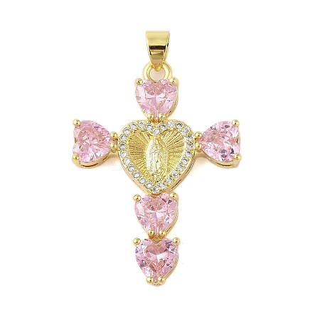 Rack Plating Brass Micro Pave Cubic Zirconia Heart Shape Virgin Mary Cross Pendant KK-S380-44C-G-1