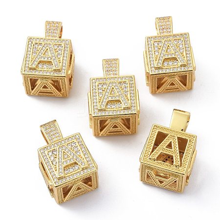 Alphabet Brass Micro Pave Clear Cubic Zirconia Pendants ZIRC-O045-01G-A-1