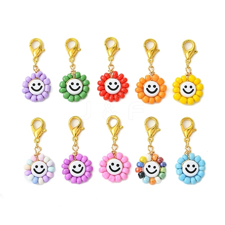 Flat Round with Smiling Face Glass Seed Pendant Decorations HJEW-MZ00093-1