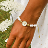 Adjustable Brass Flat Round with Religion Cross & Imitation Pearl Braided Bead Bracelets for Women FT2047-5