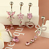 1Pc 304 Stainless Steel Rose Rhinestone Curved Barvell Dangle Belly Rings WGF9938-05-2