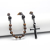 Natural Tiger Eye Round Beads Long Chain Cross Pendant Necklaces for Men PM3640-2-1