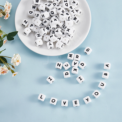 20Pcs White Cube Letter Silicone Beads 12x12x12mm Square Dice Alphabet Beads with 2mm Hole Spacer Loose Letter Beads for Bracelet Necklace Jewelry Making JX432W-1