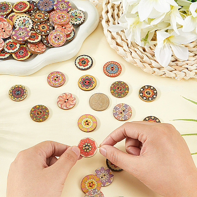 100Pcs Printed Wooden Buttons BUTT-CP0001-16-1