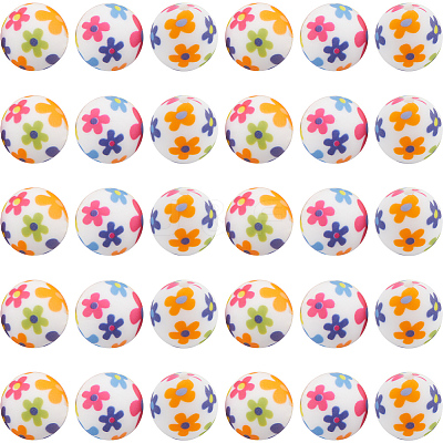 30pcs Round with Flower Pattern Silicone Focal Beads SIL-SC0002-03B-1