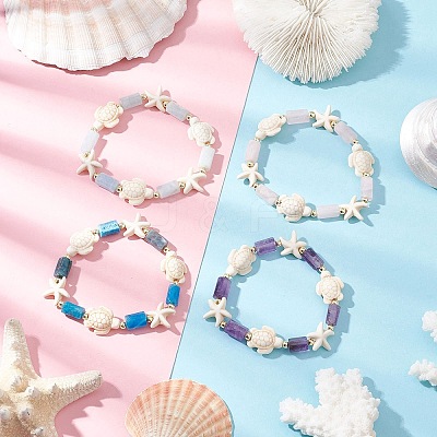4Pcs Synthetic Turquoise & Natural Apatite & Amethyst & Aquamarine & Rose Quartz Beads Stretch Bracelets for Women BJEW-JB11995-1
