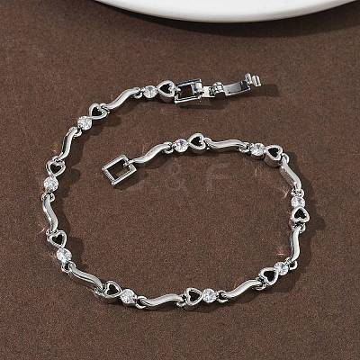 Brass Micro Pave Clear Cubic Zirconia Heart & Twist Link Chain Bracelets for Women BJEW-G764-06P-1