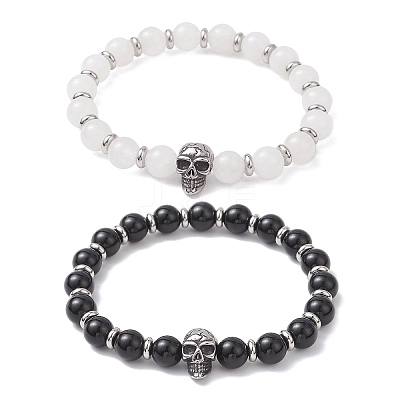 Natural Eyeless Obsidian and Malaysia Jade Stretch Bracelets BJEW-JB12184-1