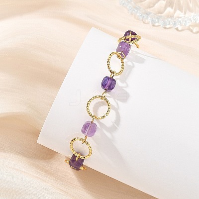 Natural Amethyst & Brass Open Jump Rings Link Bracelets for Women BJEW-JB14116-01-1