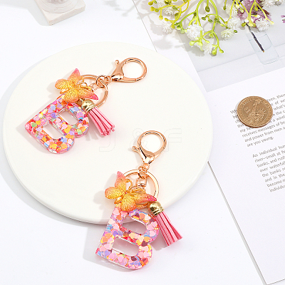 Fashion Alphabet Initial Letter Resin Keychain with Tassel Gradient Butterfly Pendant Key Ring KEYC-WH0027-105B-1