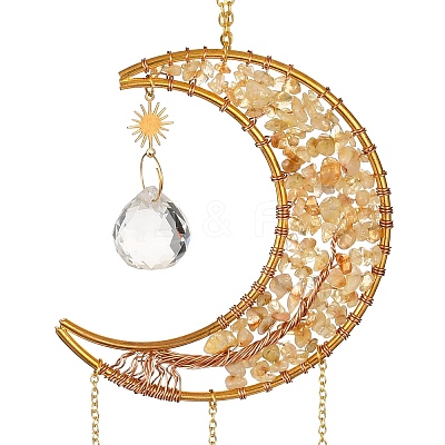 Natural Citrine Chip & Brass Moon Hanging Suncatcher Pendant Decoration PW23041119866-1