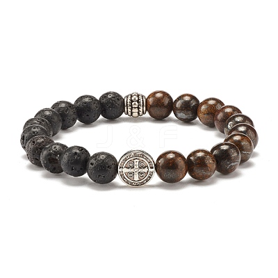 Natural Bronzite & Lava Rock Round Beads Stretch Bracelet BJEW-JB07457-1