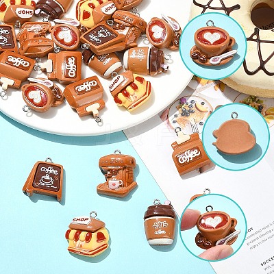 24Pcs 6 Styles Coffee Theme Opaque Resin Pendants RESI-YW0006-18-1