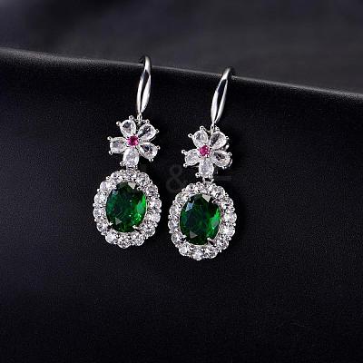 Brass Micro Pave Cubic Zirconia Flower with Oval Dangle Earrings for Women GA8760-1-1